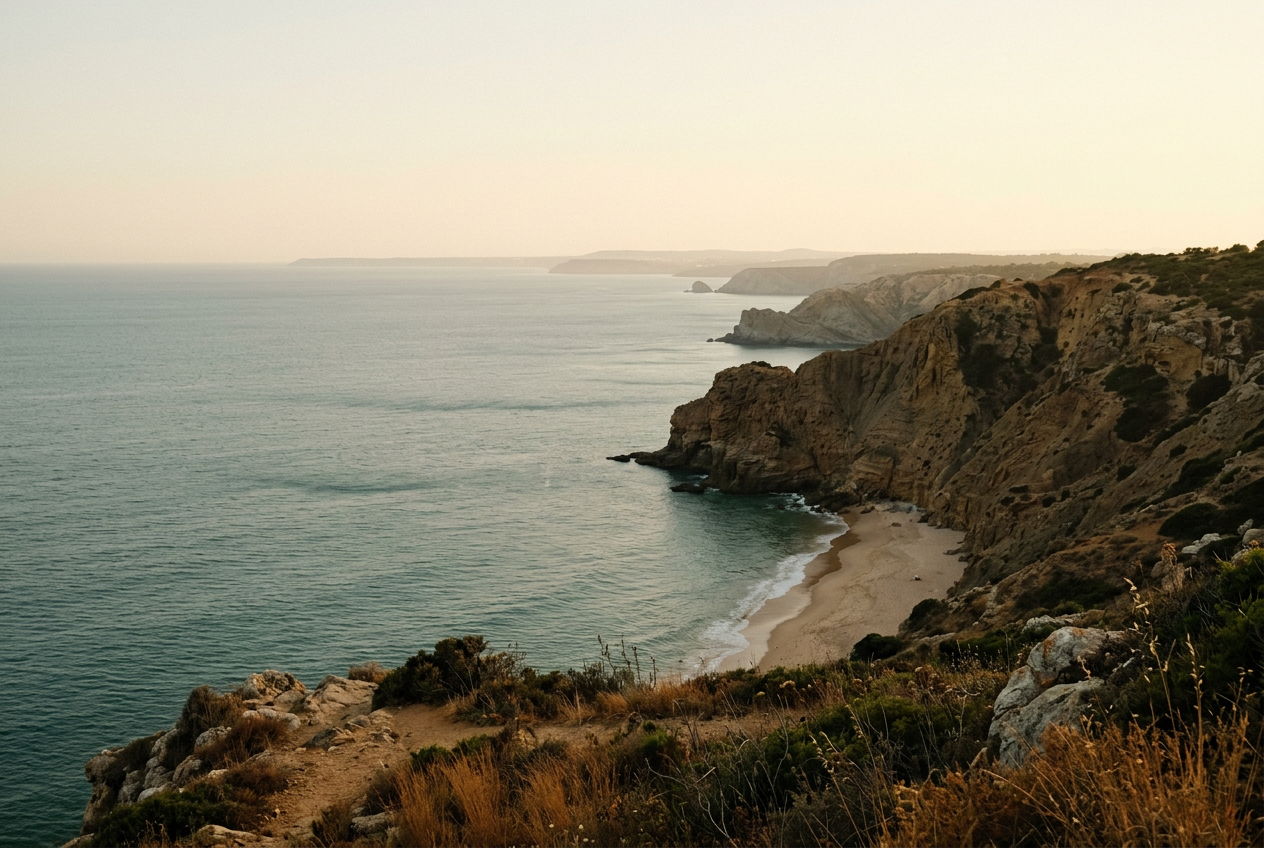Rocky Algarve coastline illuminated by evening sun